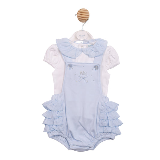Mintini Baby Girls White & Blue Short Dungaree Set 7120