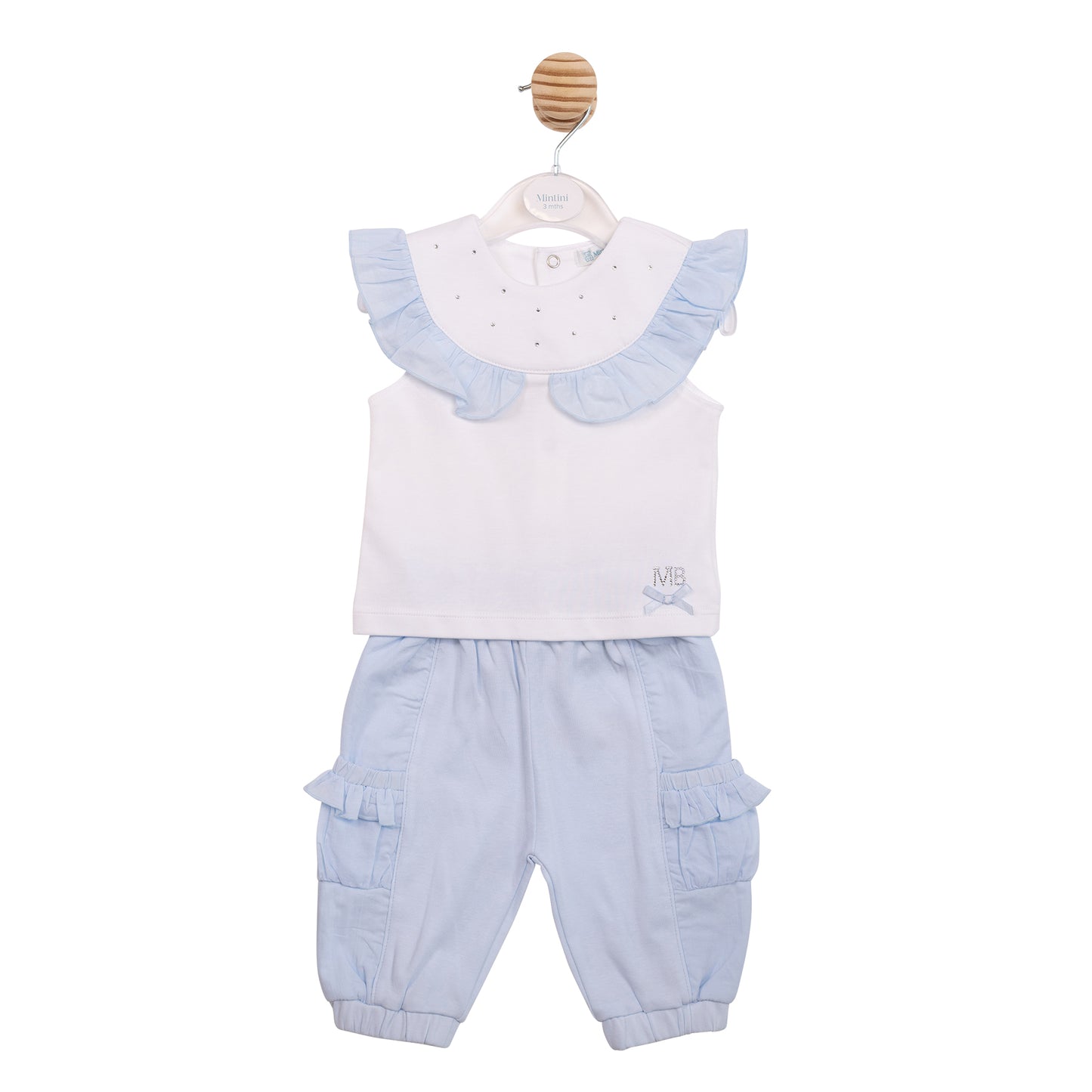 Mintini Baby Girl White & Blue Ruffle Trouser Set 7123