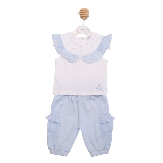 Mintini Baby Girl White & Blue Ruffle Trouser Set 7123