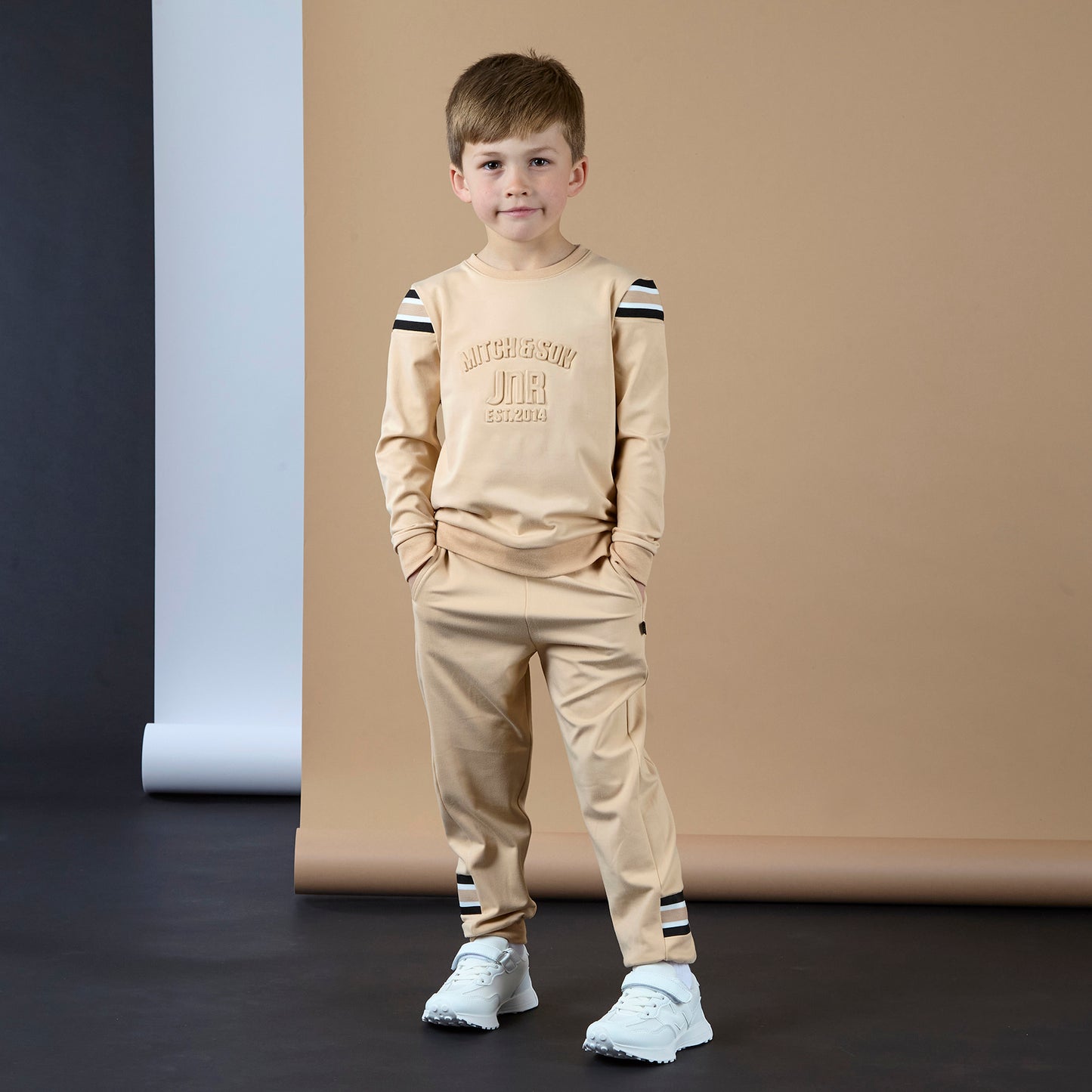 Mitch & Son Boys Beige Embossed Crewneck Tracksuit Luis