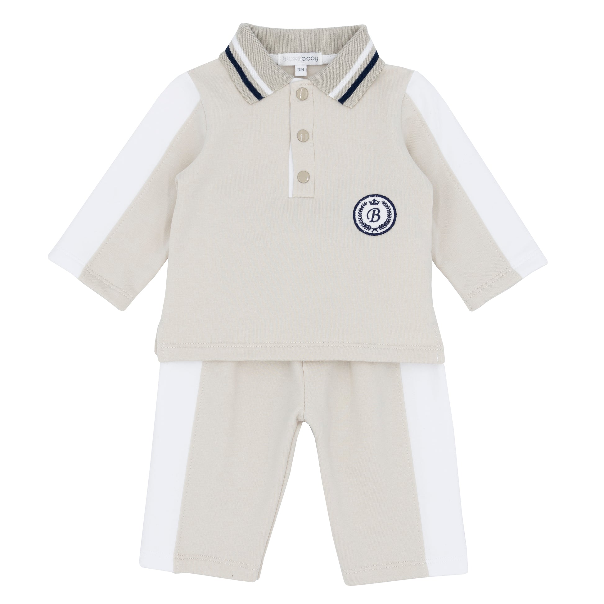 childrens baby boy beige contrast polo and trouser set 