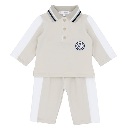 childrens baby boy beige contrast polo and trouser set 