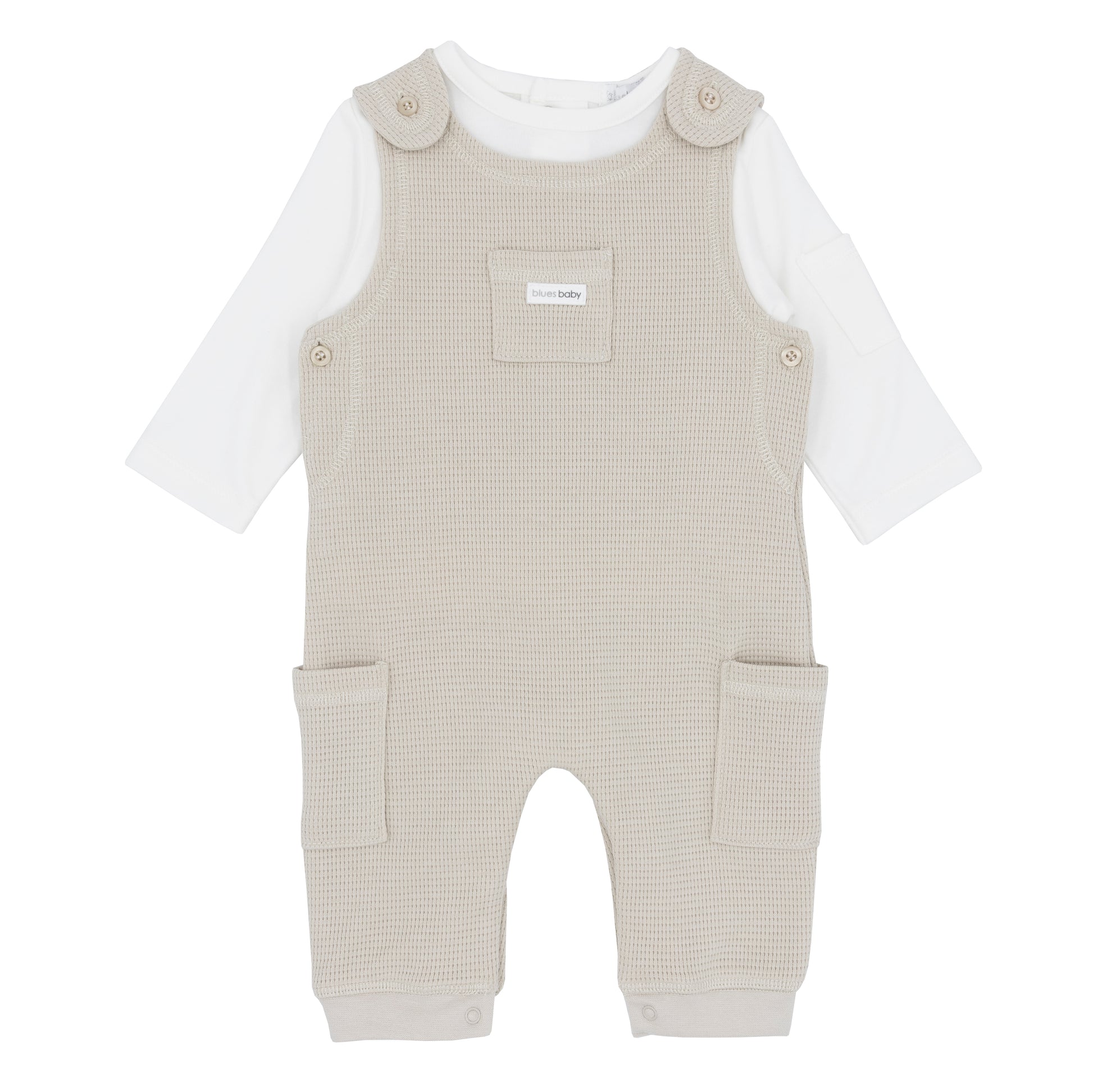 Baby romper with beige checkered pattern and white shirt on a white background