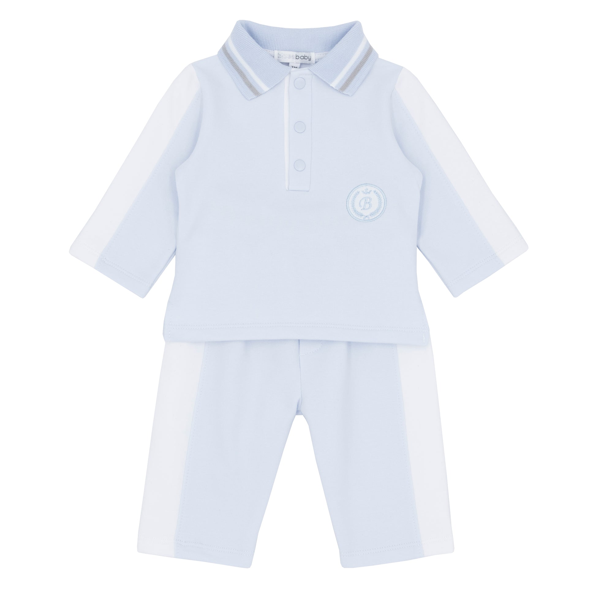 Light blue baby outfit with shirt and pants on a white background