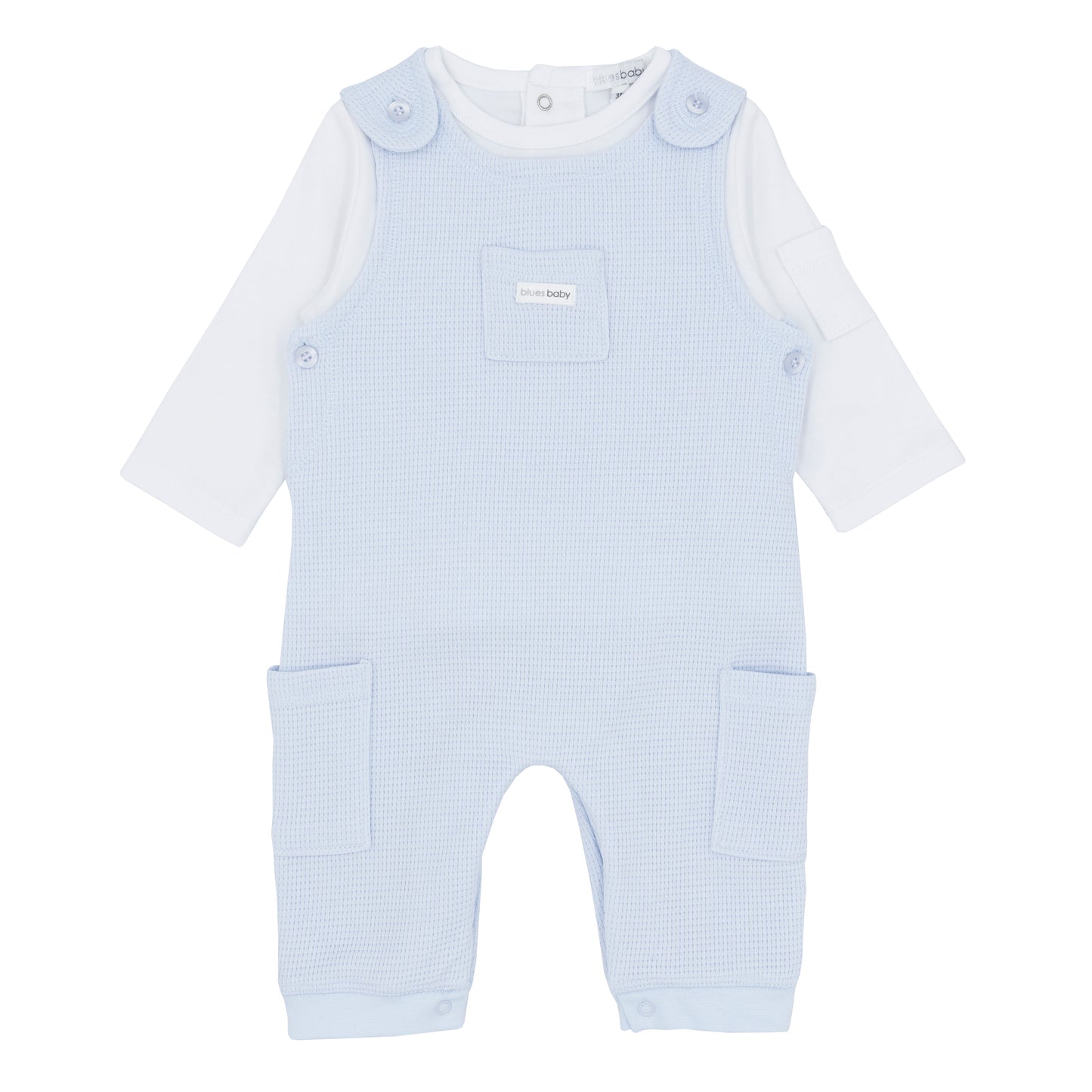 Light blue waffle knit baby boy romper with white shirt 