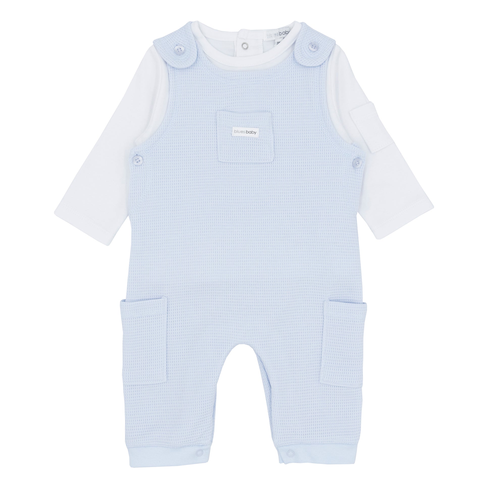 Light blue waffle knit baby boy romper with white shirt 