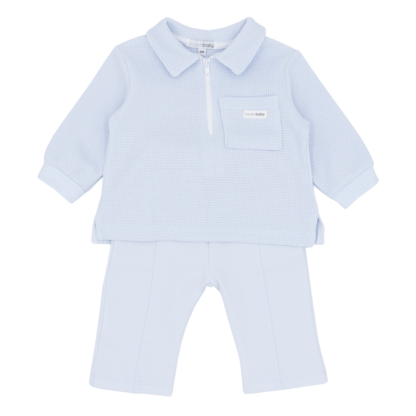 Light blue baby boys outfit with quarter zip polo and pants set 
