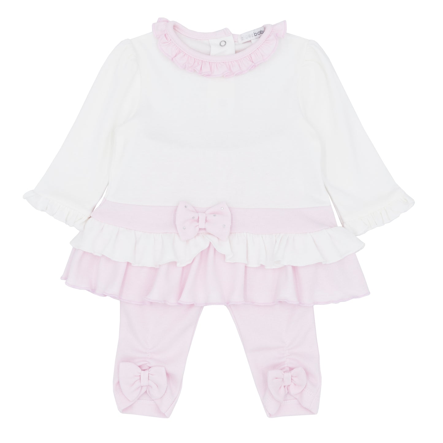 Baby outfit with white top and pink pants on a white background