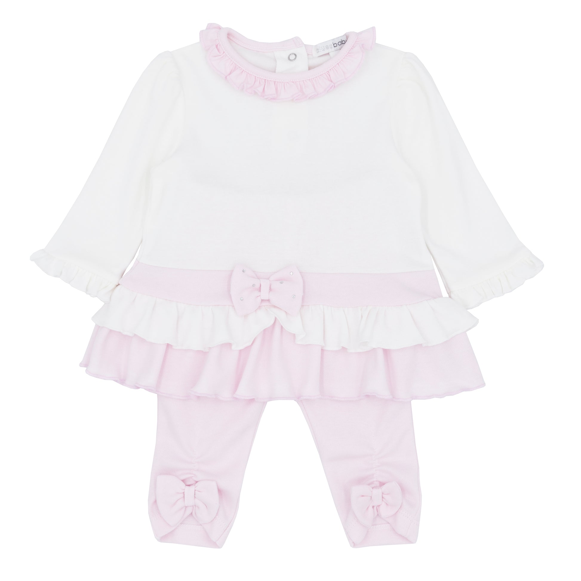Baby outfit with white top and pink pants on a white background