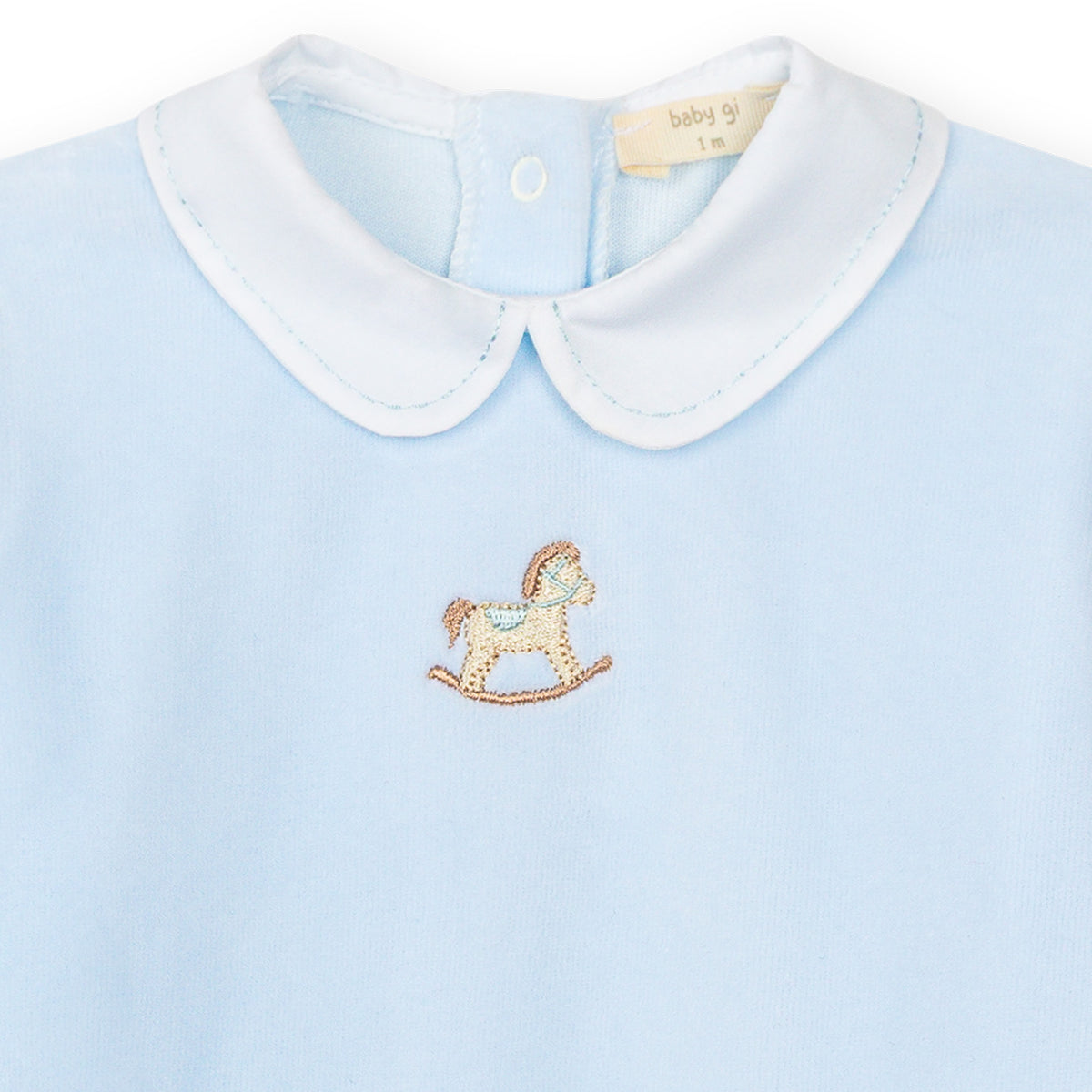 PRE ORDER Baby Gi Blue Velour Rocking Horse Babygrow RH50