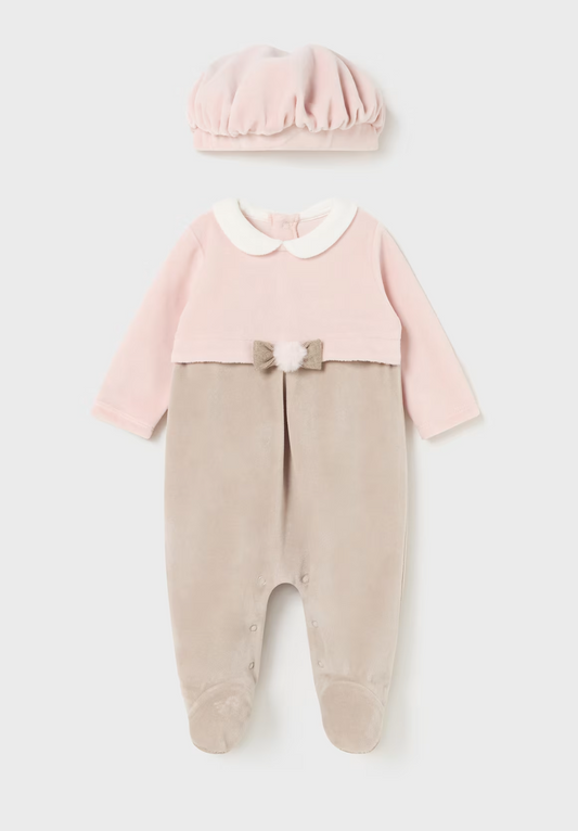 Mayoral Baby Girl Pink Velour Babygrow With Beret 2782