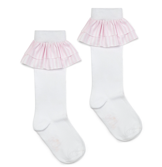 PRE ORDER ADee White Seersucker Frill Knee High Sock Colette