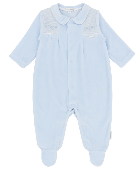 PRE ORDER Blues Baby Boys Blue Smocked Velour Babygrow BB3102