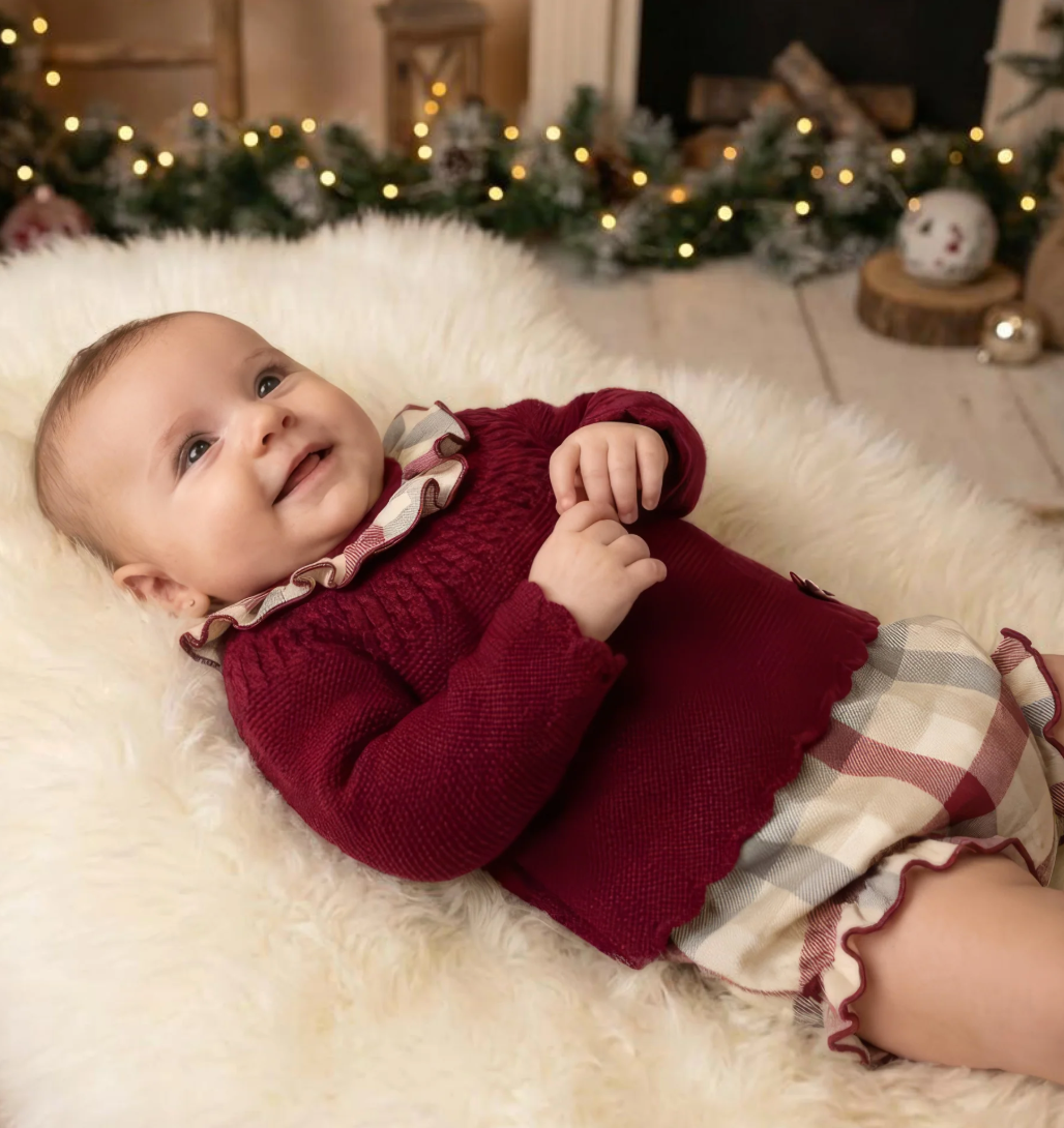 Pex Girls Deep Red Knit Checked Pant Suit Liza