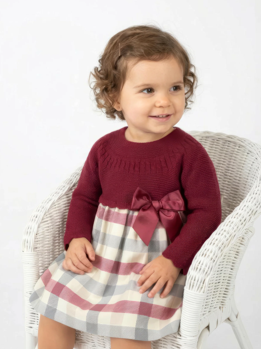 Pex Girls Deep Red Knitted Tartan Dress Liza