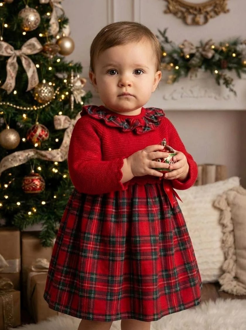 Pex Girls Red Knitted Tartan Frill Dress Izzie