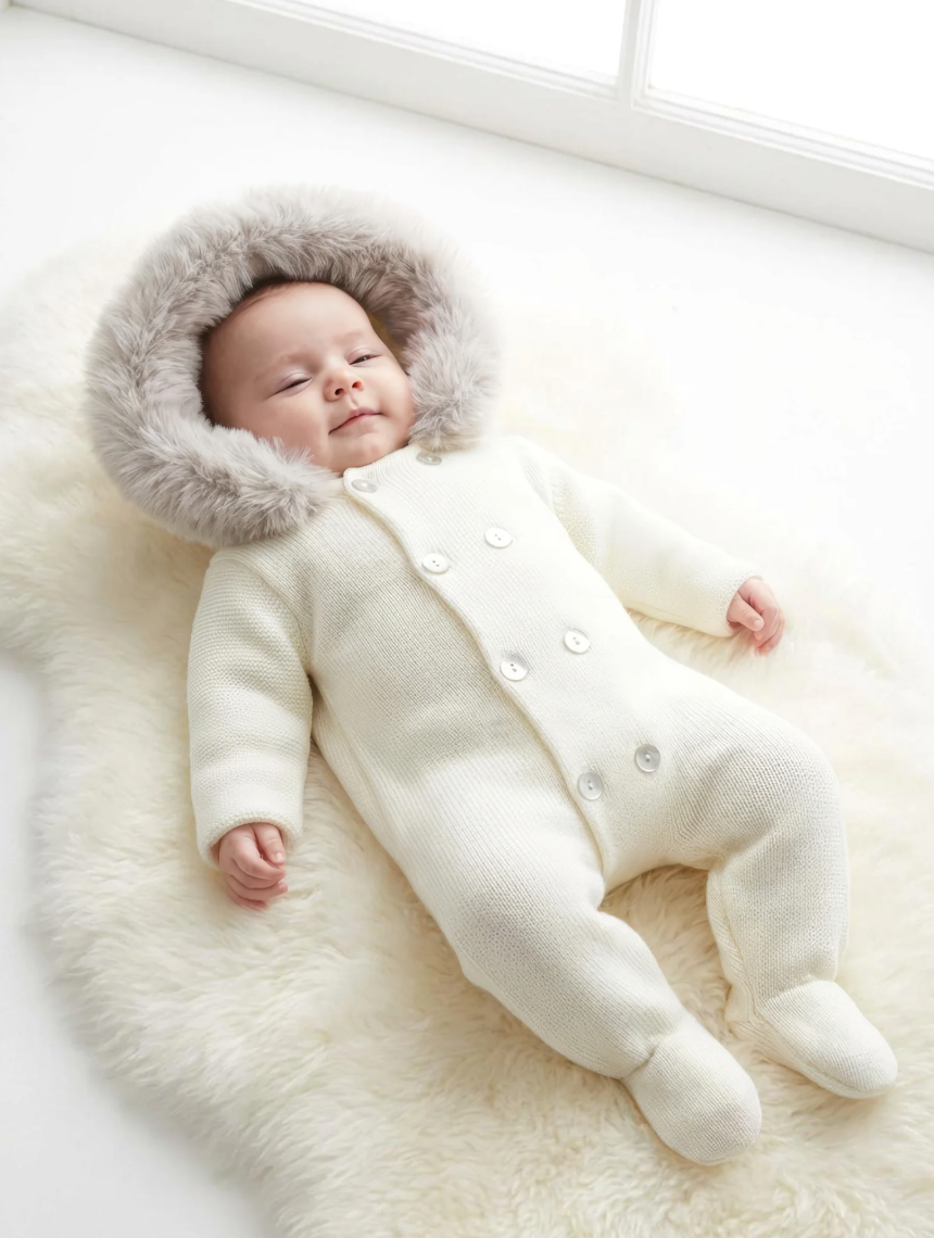 PRE ORDER Pex Unisex Ivory Knit Fur Hooded Snowsuit Sabrina