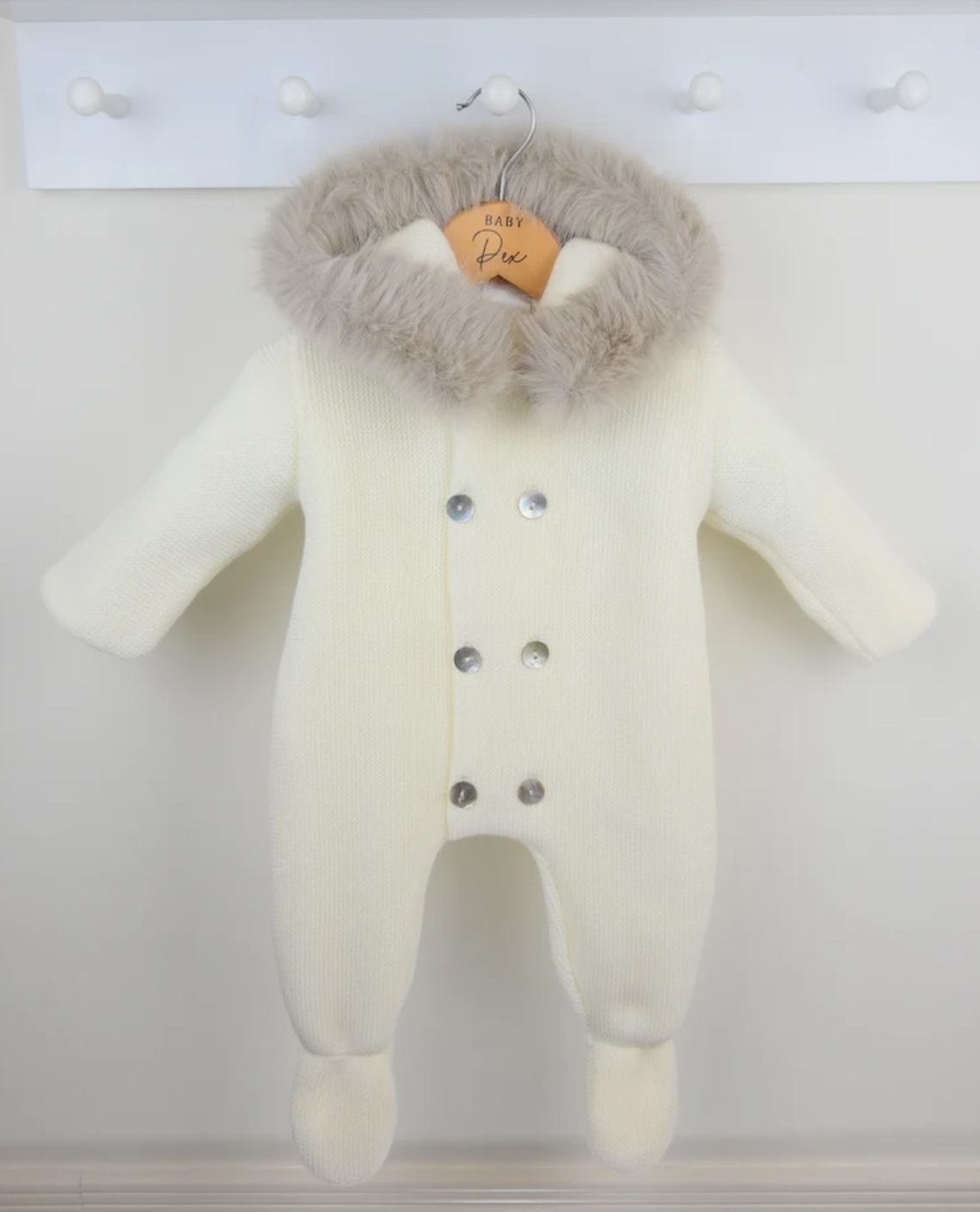 PRE ORDER Pex Unisex Ivory Knit Fur Hooded Snowsuit Sabrina