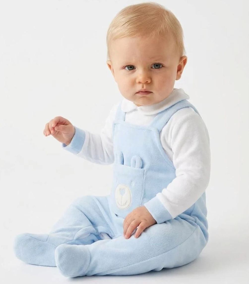Pex Boys Blue Velour Dungaree Babygrow Bear