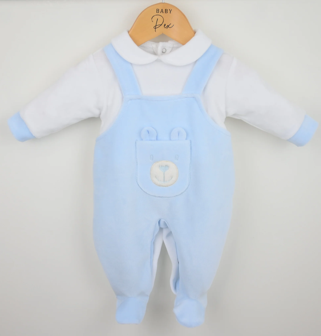 Pex Boys Blue Velour Dungaree Babygrow Bear