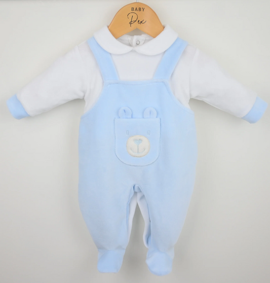 Pex Boys Blue Velour Dungaree Babygrow Bear