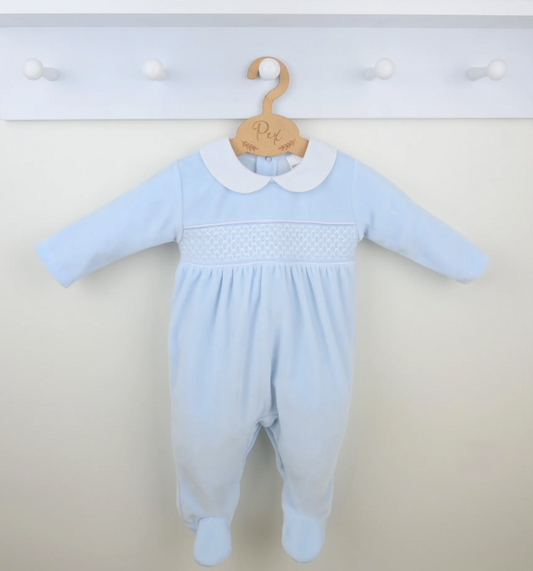 Pex Boys Blue Velour Smocked Babygrow Albert