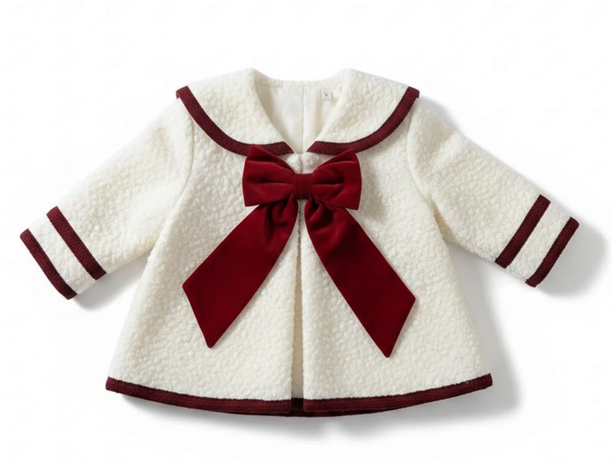 PRE ORDER Be Chic Girls Ivory Boucle Coat With Burgundy Bow 819C