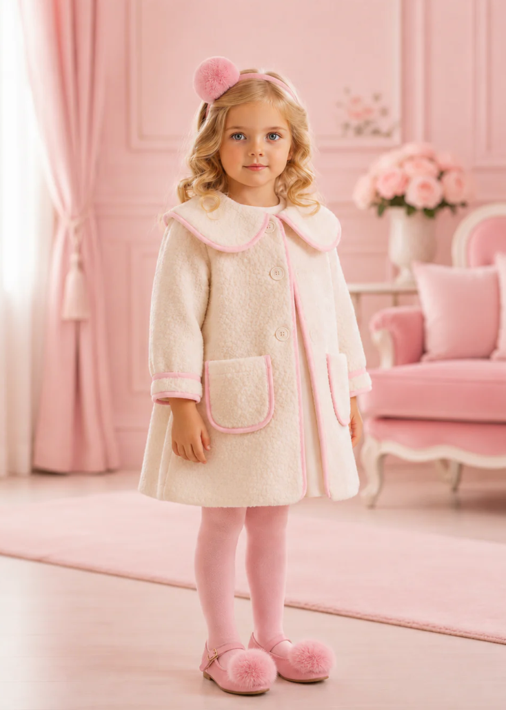 PRE ORDER Be Chic Girls Ivory Boucle Coat With Pink Bow 819C