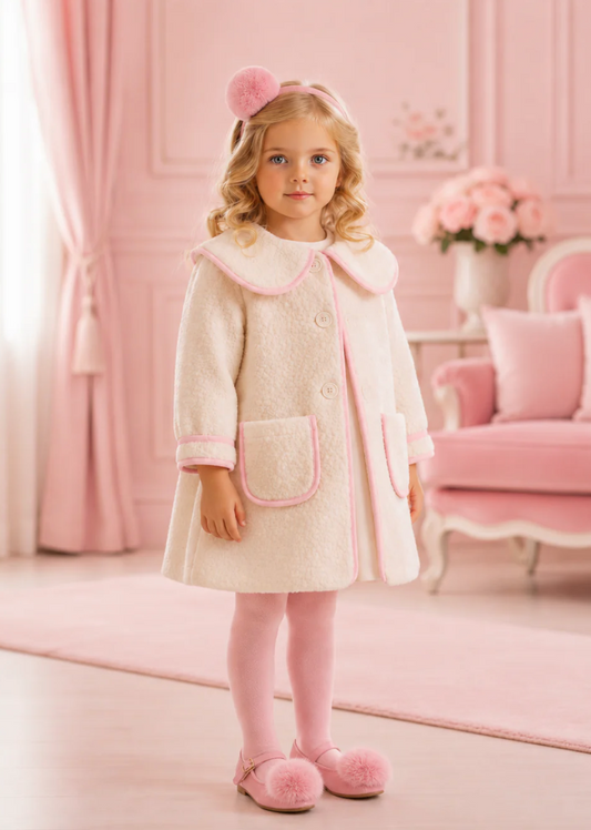 PRE ORDER Be Chic Girls Ivory Boucle Coat With Pink Bow 819C