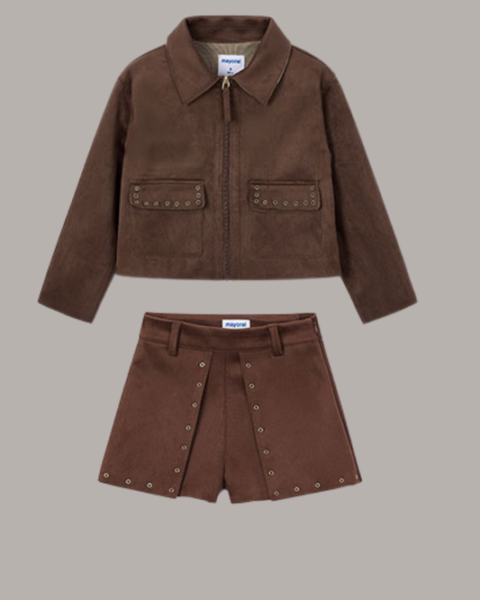 PRE ORDER Mayoral Girls Brown Suede Jacket & Short Set 4409 4228
