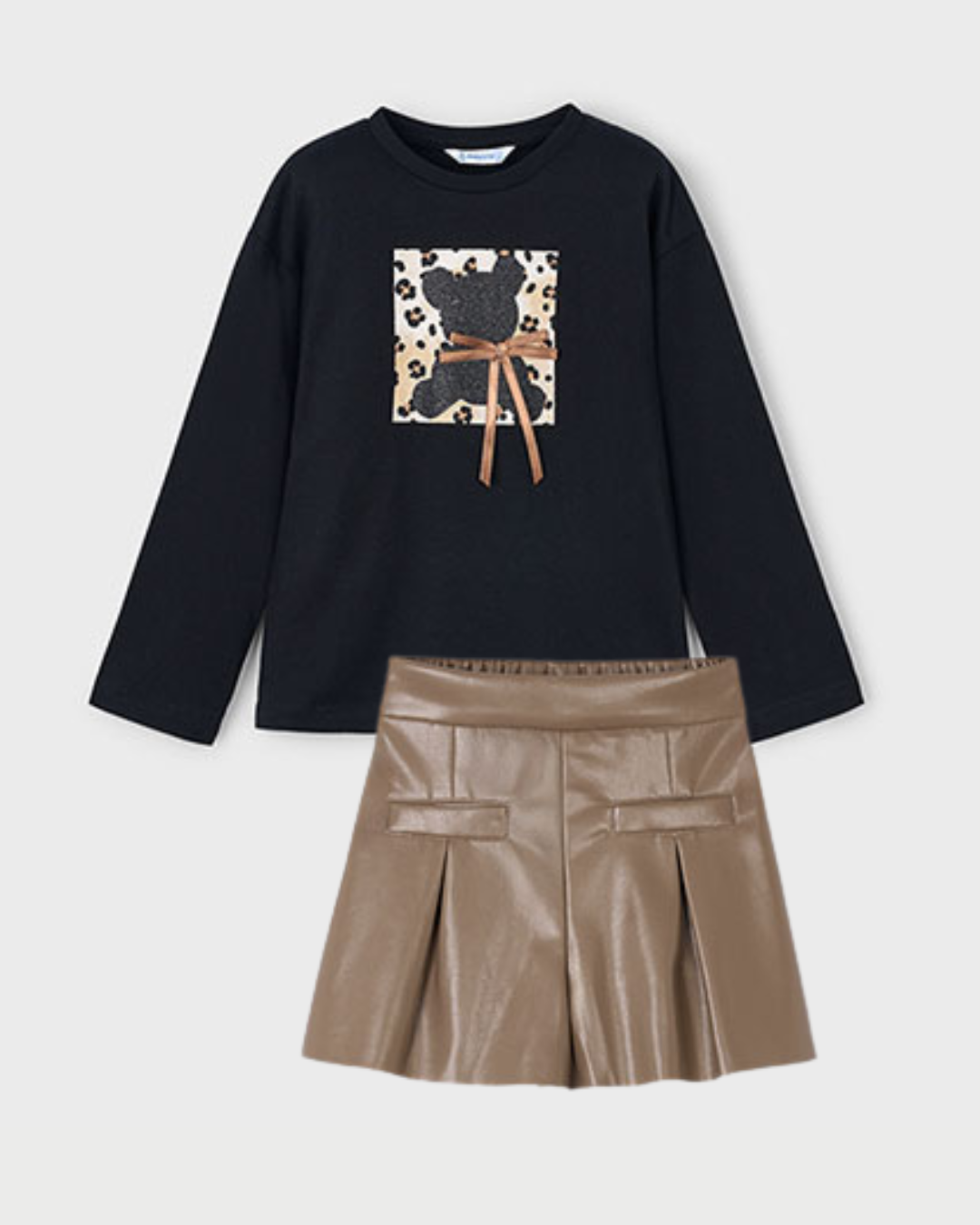 Mayoral Girls Black and Brown Faux Leather Skirt Set 4010 4223