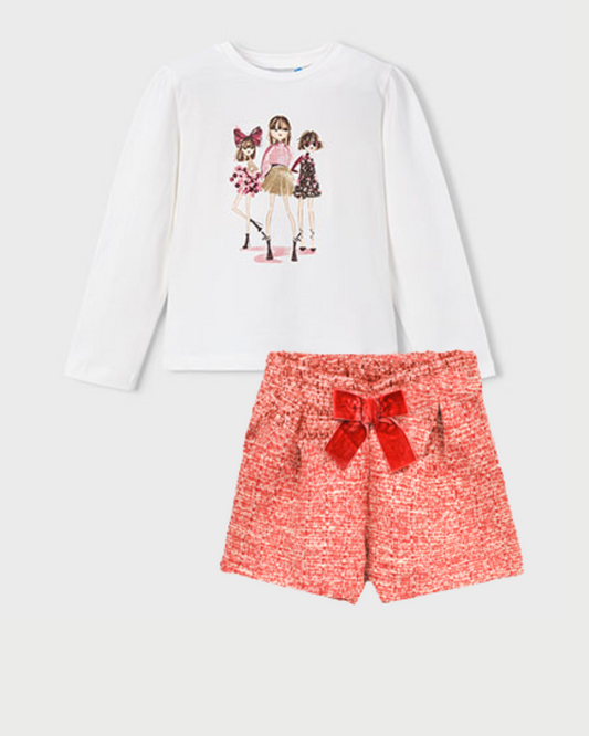 Mayoral Girls Cream & Red Tweed Short Set 4011 4224