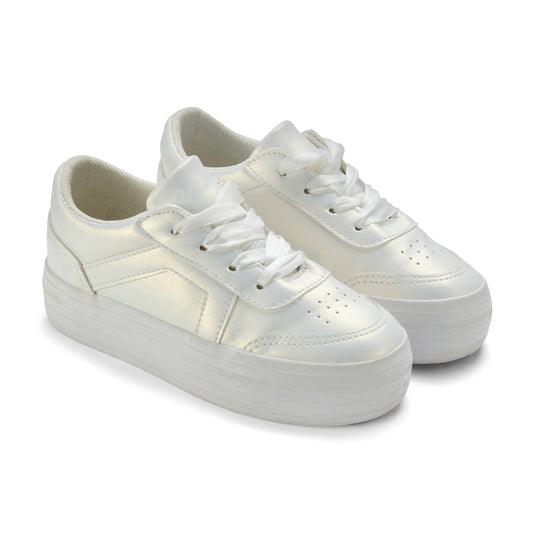 ADee White Metallic Platform Trainer with Ribbon Laces Patty