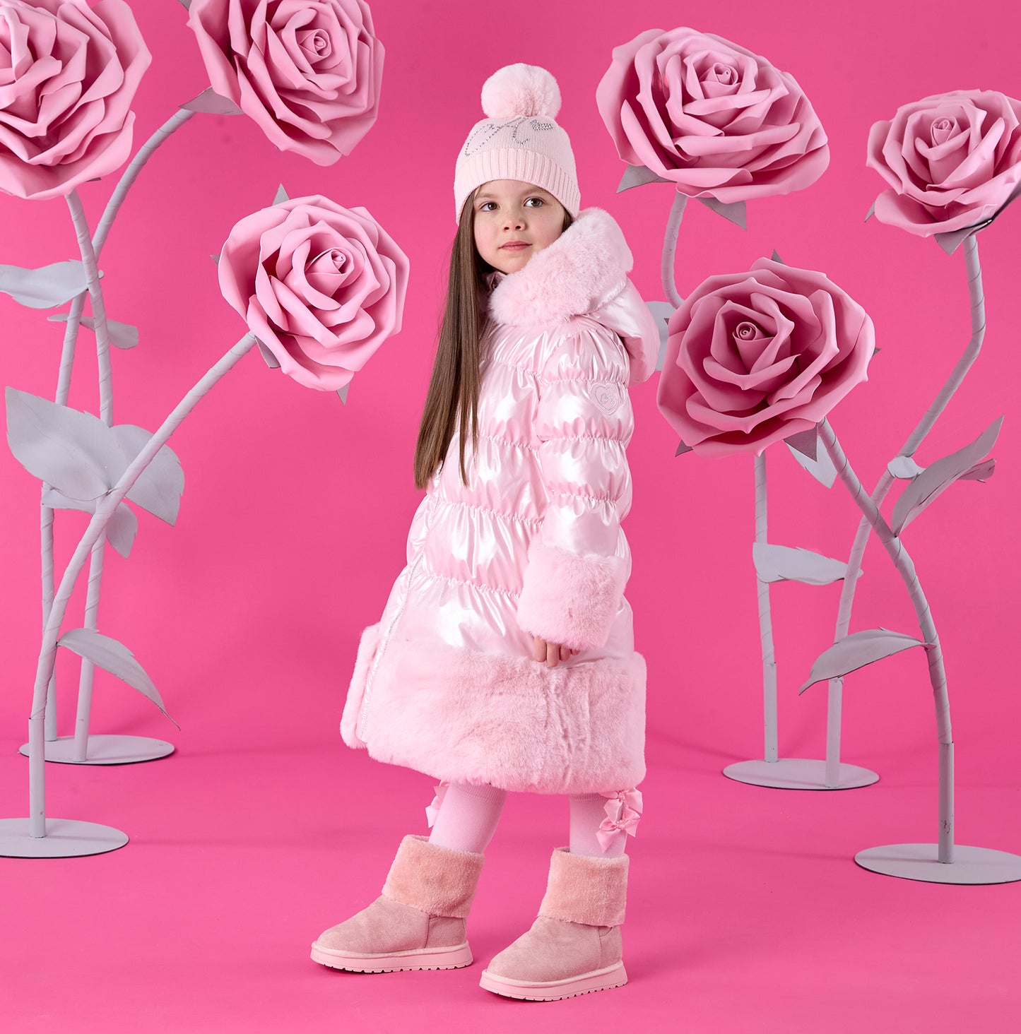 PRE ORDER ADee Girls Pink Long Fur Trim Jacket Aurora