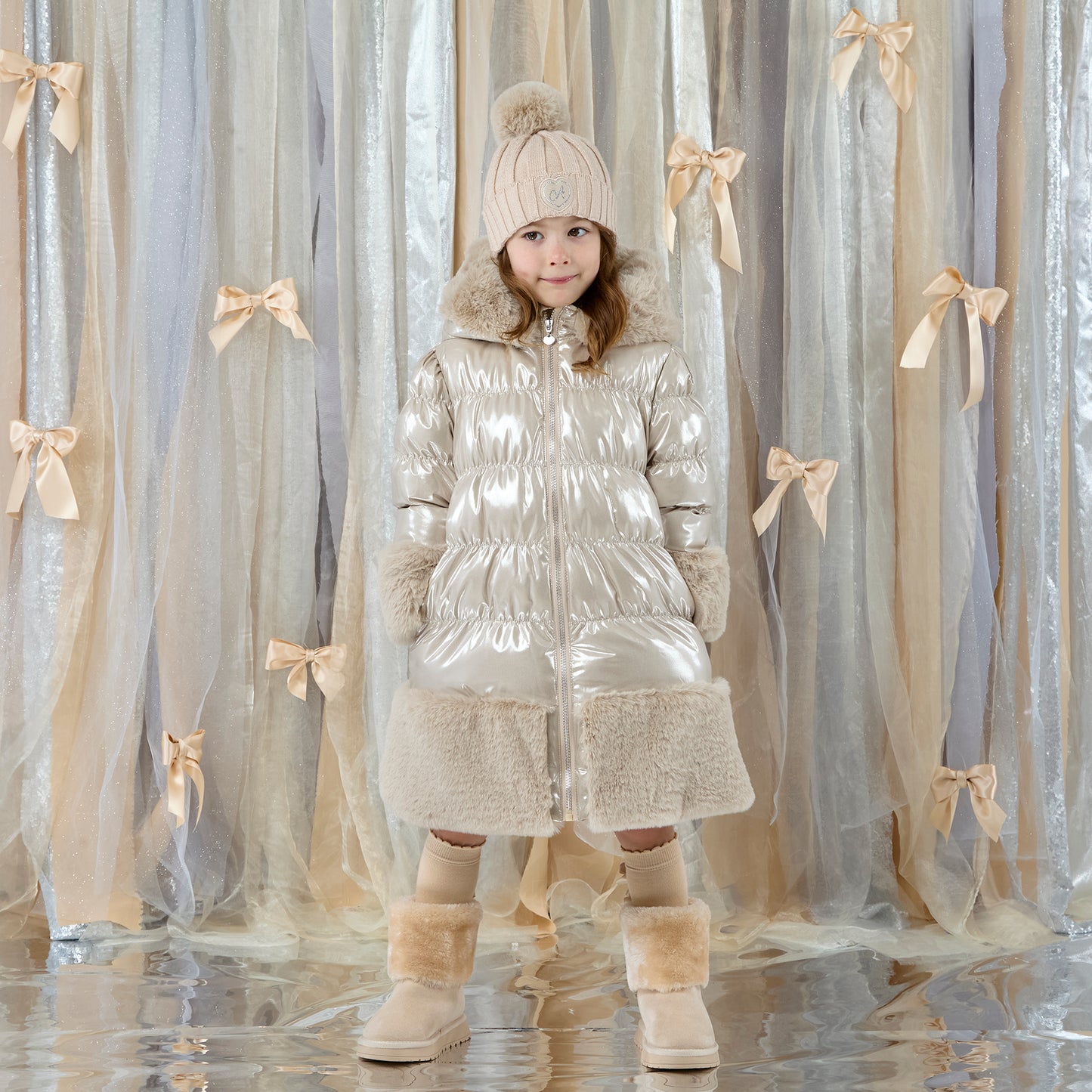 PRE ORDER ADee Girls Beige Long Fur Trim Jacket Aurora