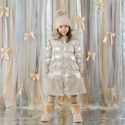 PRE ORDER ADee Girls Beige Long Fur Trim Jacket Aurora