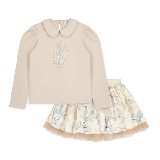 PRE ORDER ADee Girls Beige Bow Print Skirt Set Brie