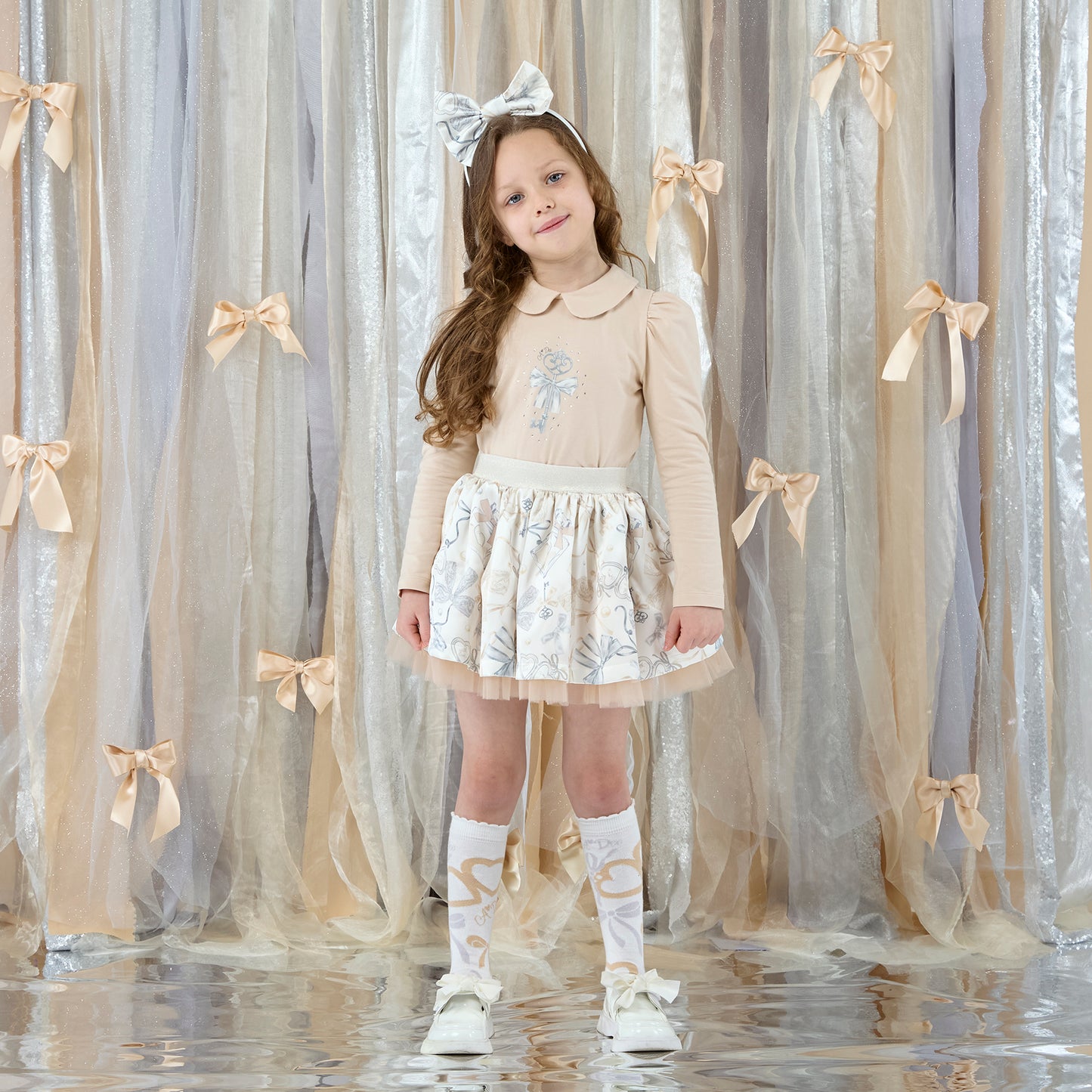 PRE ORDER ADee Girls Beige Bow Print Skirt Set Brie