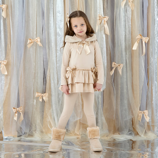 PRE ORDER ADee Girls Beige Fur Hooded Legging Set Alina