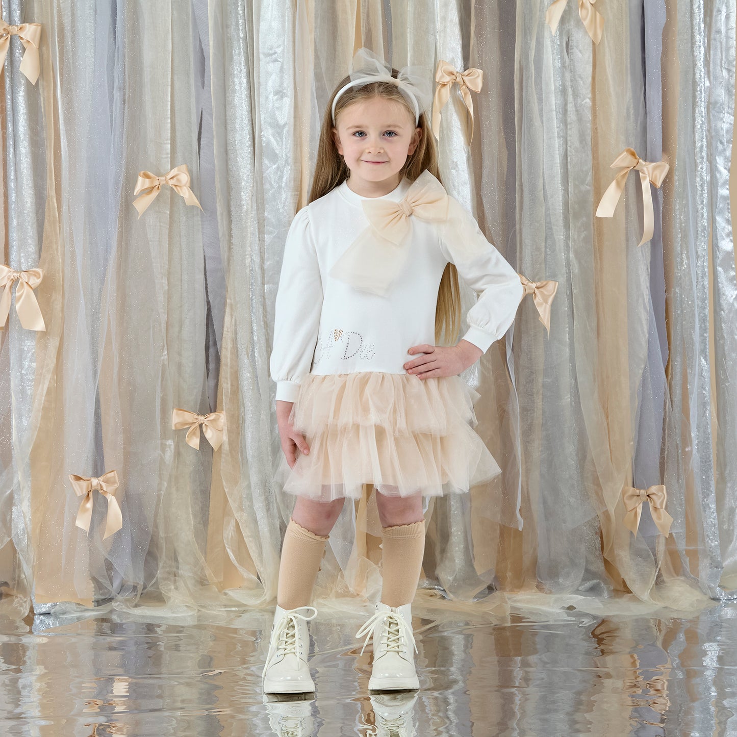 PRE ORDER ADee Girls White Tulle Bow Dress Brandy