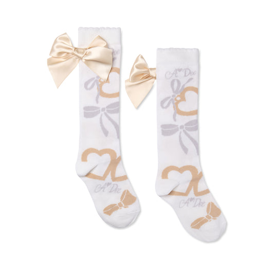 PRE ORDER ADee Girls White Bow Print Knee High Sock Alessandra