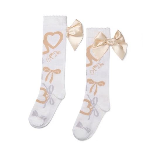 PRE ORDER ADee Girls White Bow Print Knee High Sock Alessandra