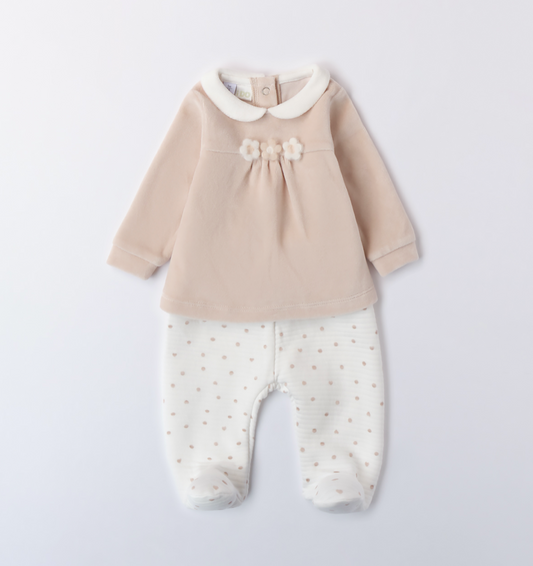 iDo Baby Girls Cream and Beige Velour Flower Two Piece Set A231 image 0