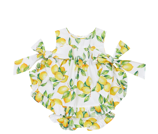 PRE ORDER Deolinda White Lemon Print Dress & Bloomer Set 6323
