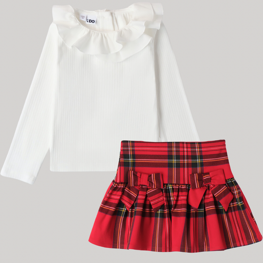 iDo Girls Red Tartan Bow Skirt Set with Frill Top A589 / A626 image 0