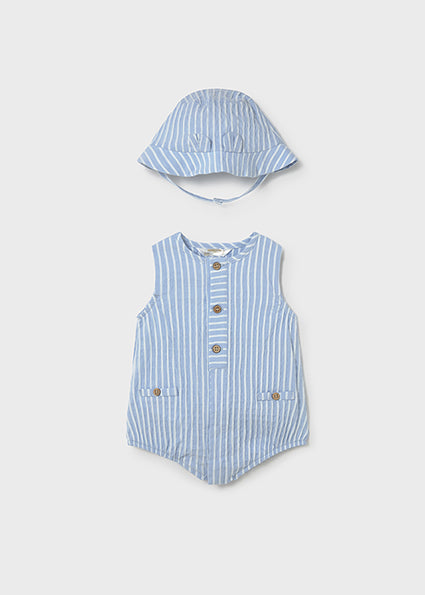 Mayoral Baby Boy Blue Stripe Romper & Hat 1614