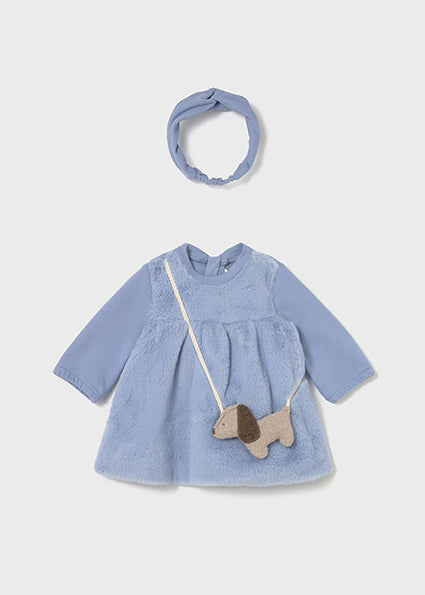 Mayoral Baby Girl Blue Fur Dress & Hairband 2823