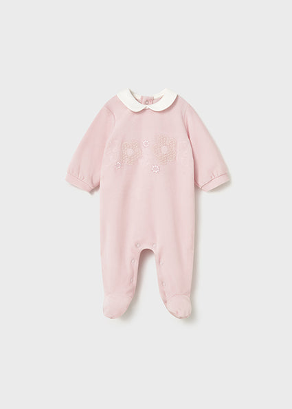 Mayoral Baby Girl Pink Velour Embroidered Babygrow 2701