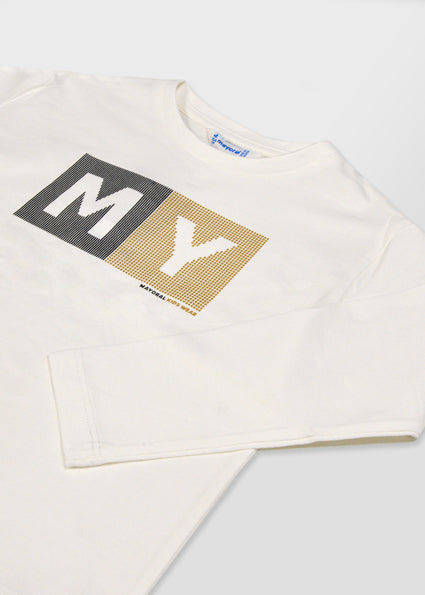 Mayoral Boys Cream Long Sleeved Logo T-Shirt 173