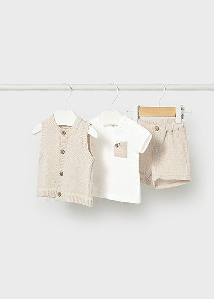 Mayoral Baby Boys Beige 3 Piece Waistcoat & Short Set 1279